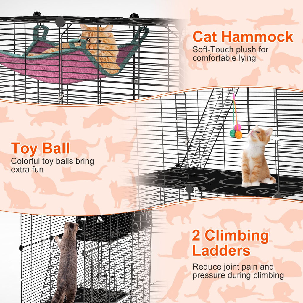 3-Tier Cat Cage Enclosure Indoor Cat Cage Playpen With Hammock Toy Ball Ladder DIY Iron Wire Cat House Kennels Crate For 1-2 Cats Ferret Rabbit Small