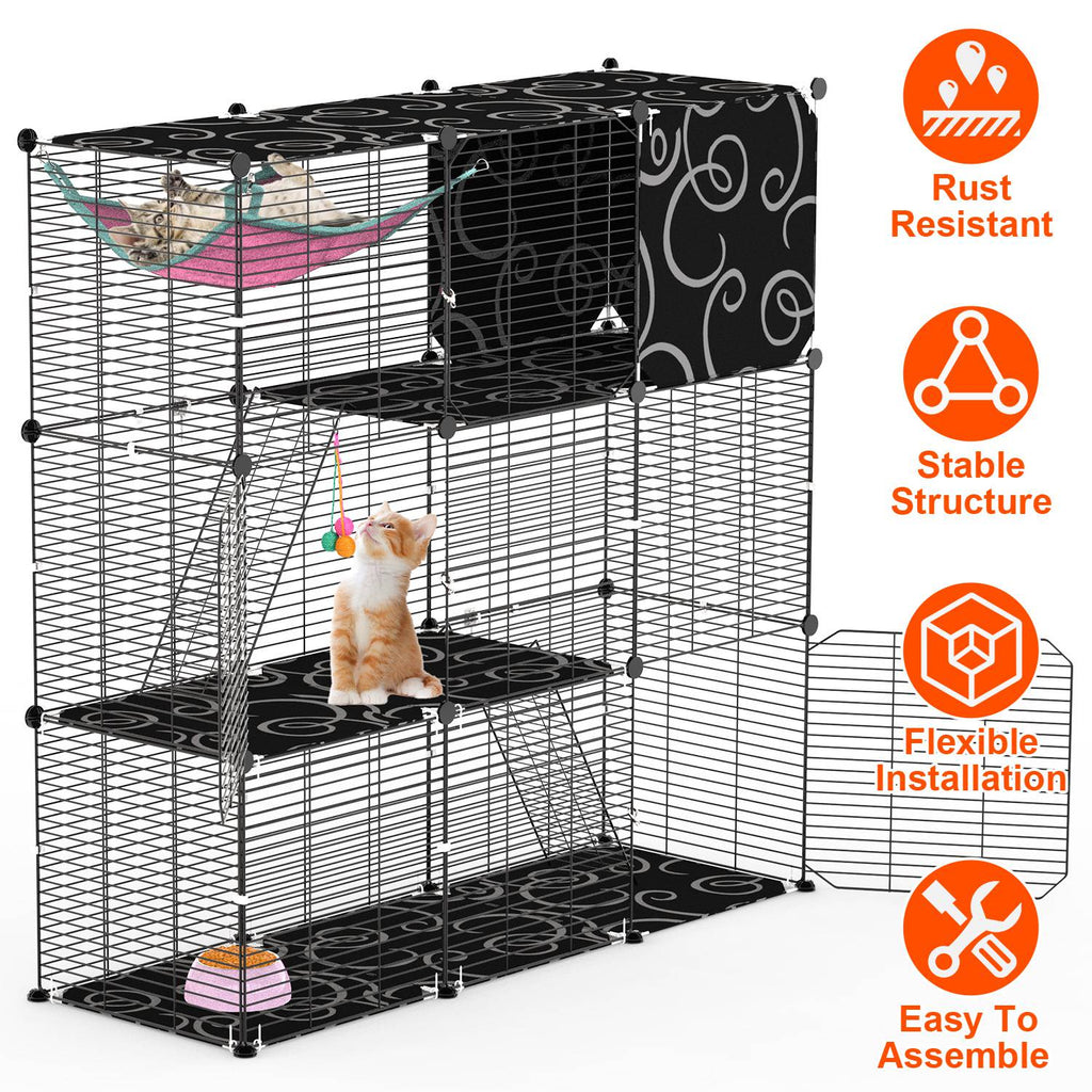 3-Tier Cat Cage Enclosure Indoor Cat Cage Playpen With Hammock Toy Ball Ladder DIY Iron Wire Cat House Kennels Crate For 1-2 Cats Ferret Rabbit Small