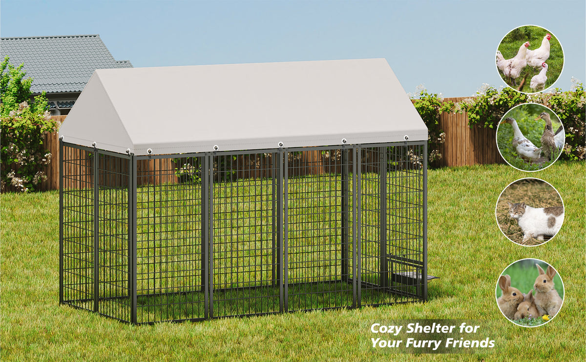 Large Dog Kennel Outdoor Pet Pen with Roof Cover - Iron