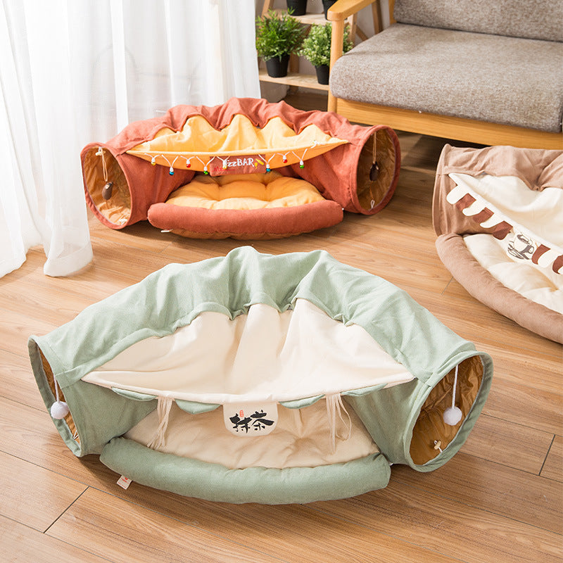 Collapsible Removable Cat Tunnel Tube With Cat Bed Set