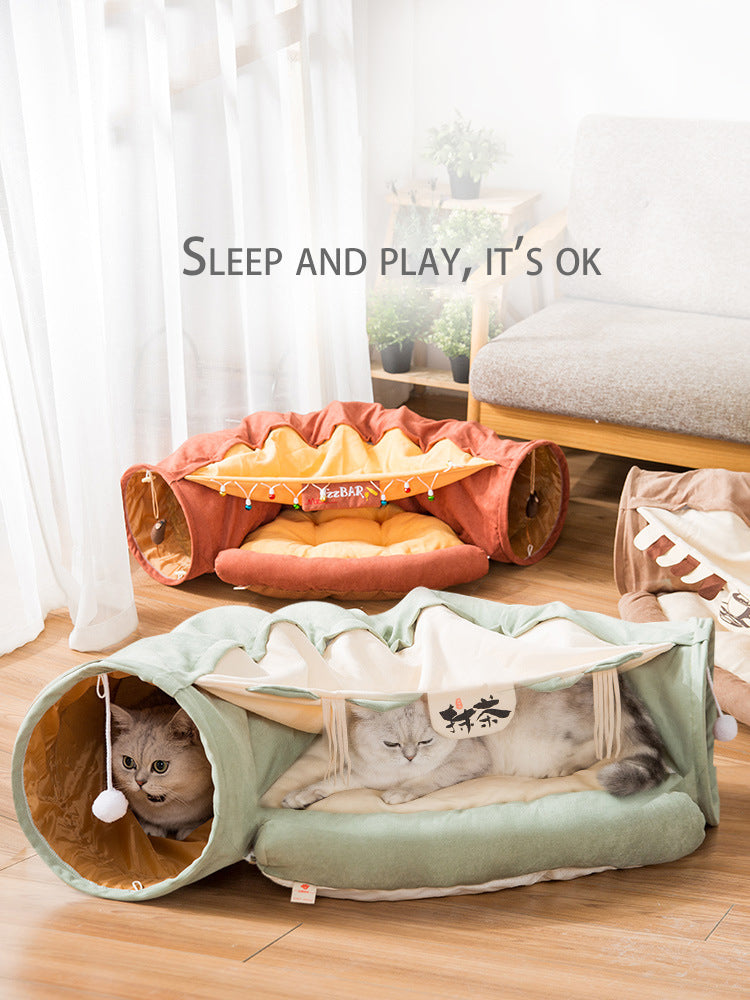 Collapsible Removable Cat Tunnel Tube With Cat Bed Set