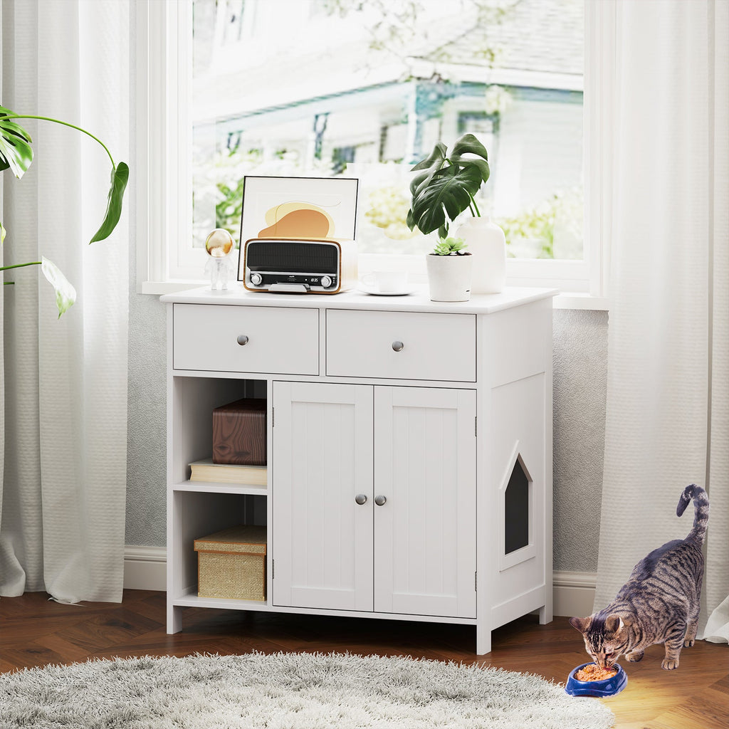Hidden Cat Washroom Side Cabinet Wooden Pet House with 2 Drawers-White
