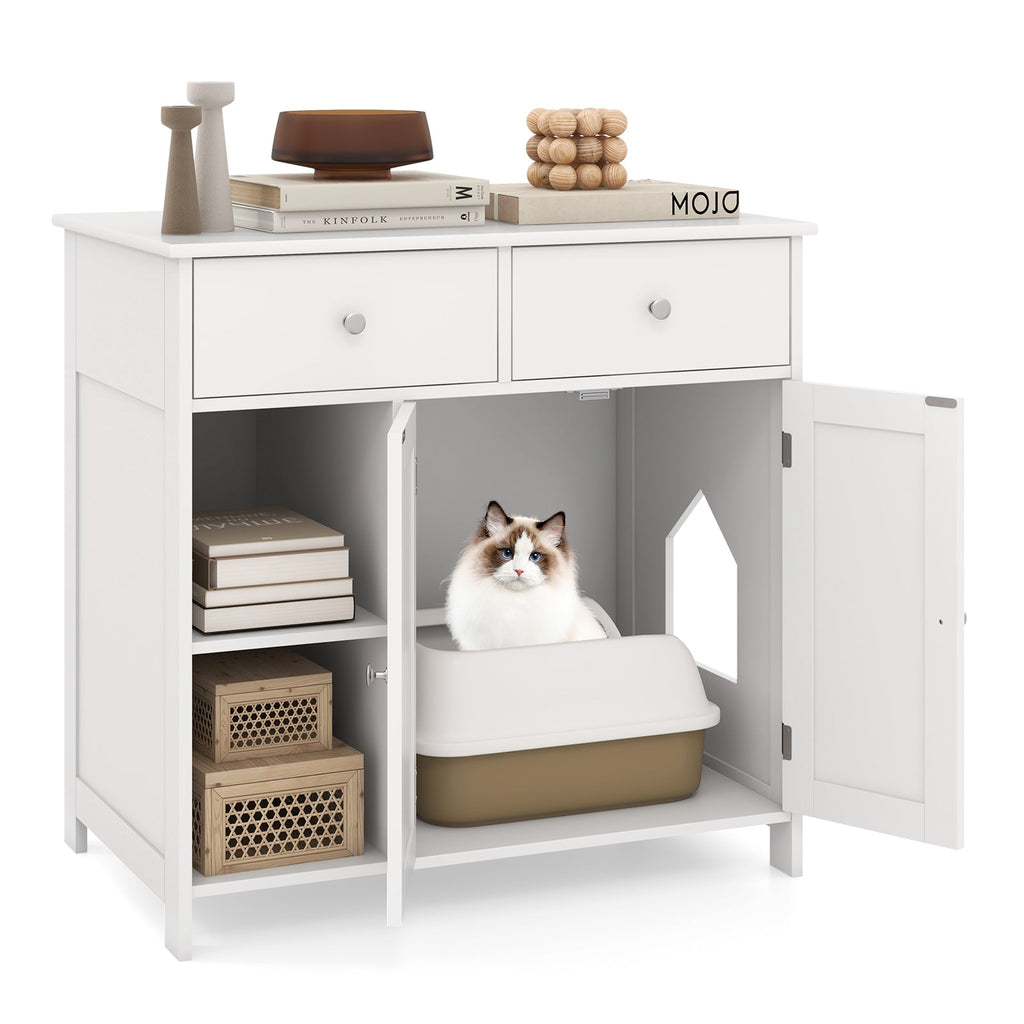 Hidden Cat Washroom Side Cabinet Wooden Pet House with 2 Drawers-White