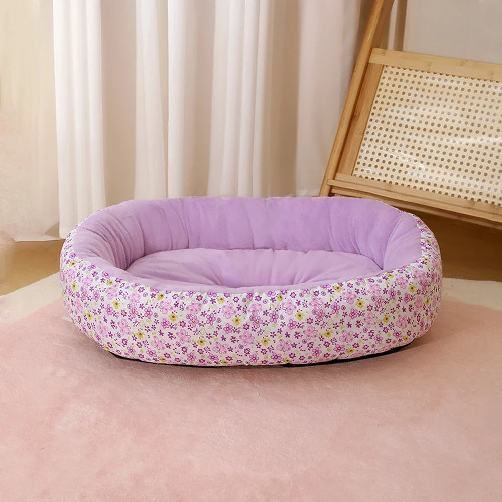 Kawaii Bolster Sofa Bed for Cats & Dogs – Soft Cotton All-Season Pet Nest with Raised Border (4 Colors, S–L)