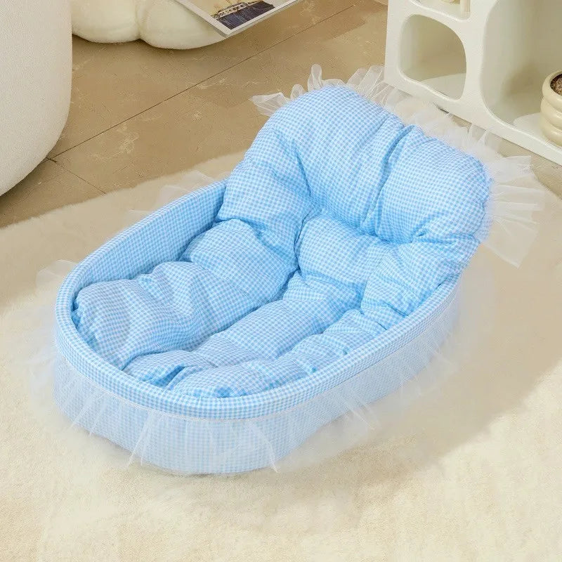 Kawaii Macaroon Princess Pet Bed – Soft Plaid & Mesh Skirt Cat & Dog Nest with Removable Cover (3 Colors)