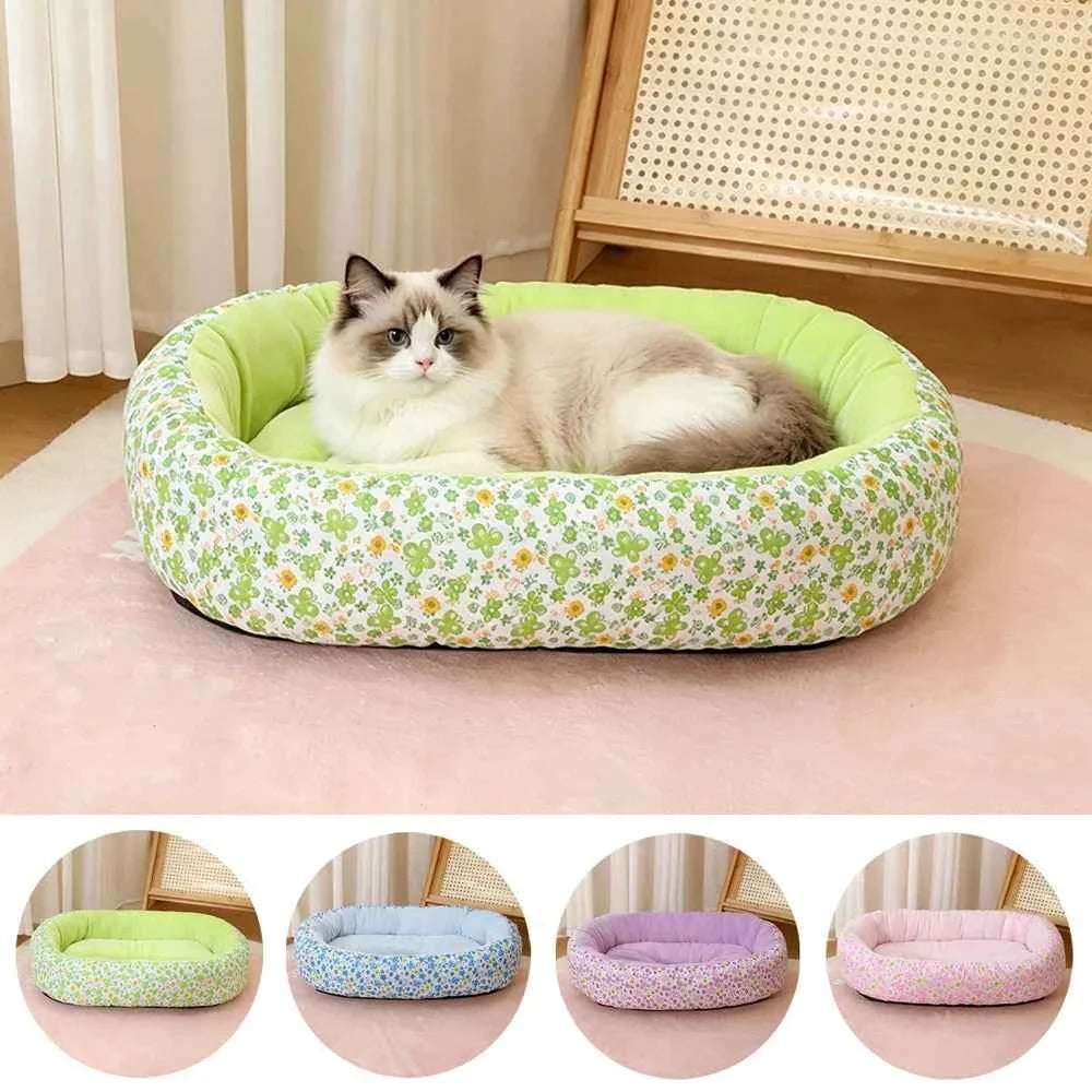 Kawaii Bolster Sofa Bed for Cats & Dogs – Soft Cotton All-Season Pet Nest with Raised Border (4 Colors, S–L)