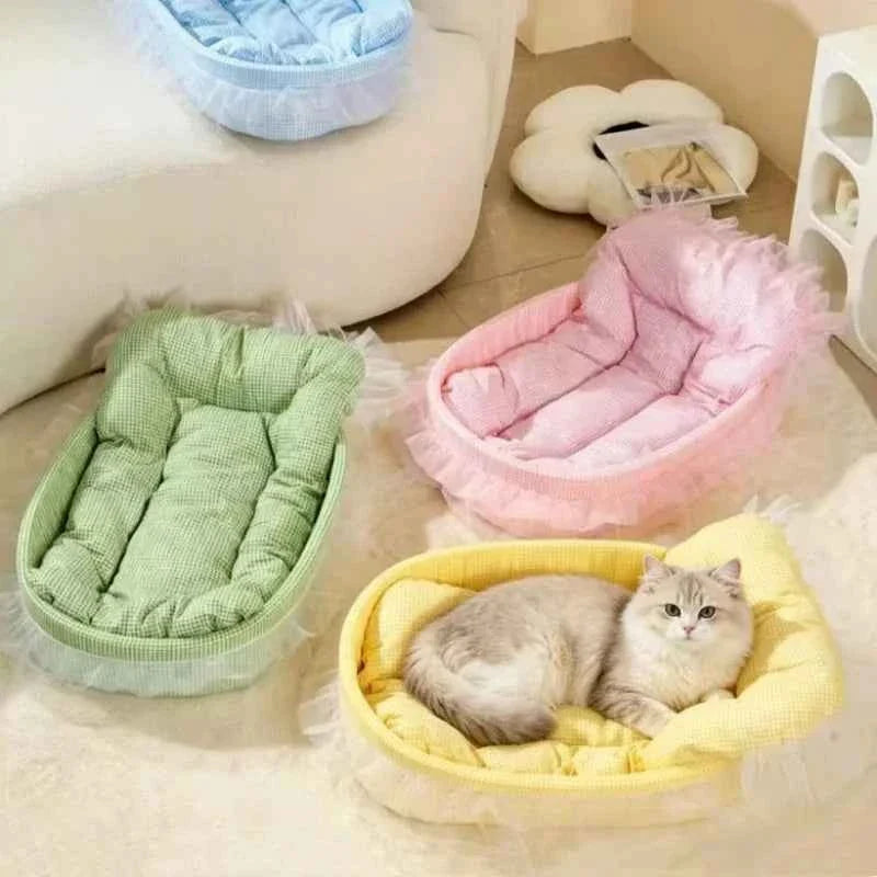 Kawaii Macaroon Princess Pet Bed – Soft Plaid & Mesh Skirt Cat & Dog Nest with Removable Cover (3 Colors)