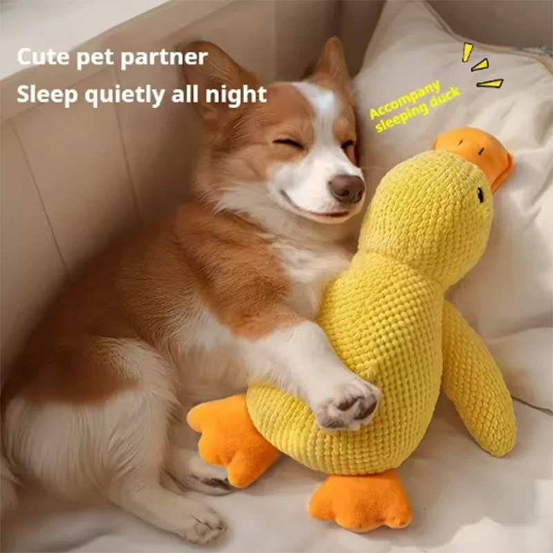 Dog sleeping with a dog hug duck toys to relieve boredom of little yellow duck pet interactive plush doll pet supplies