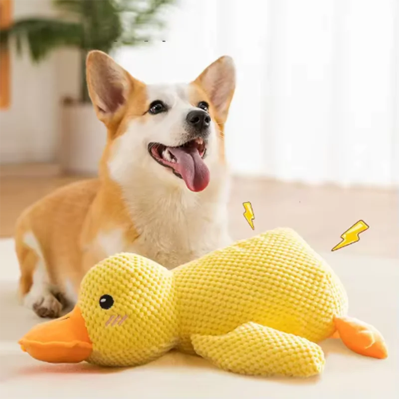 Dog sleeping with a dog hug duck toys to relieve boredom of little yellow duck pet interactive plush doll pet supplies