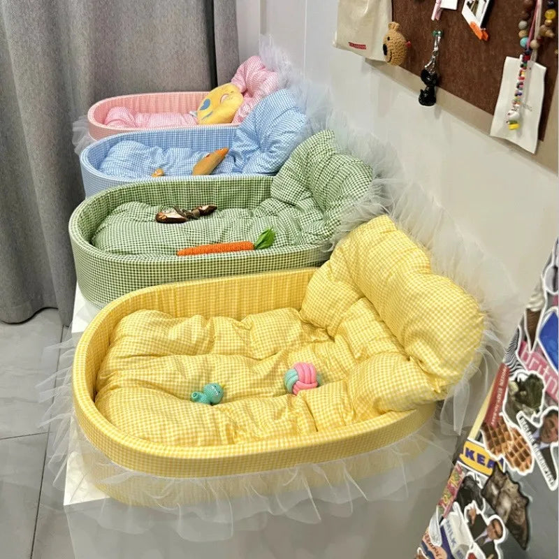 Kawaii Macaroon Princess Pet Bed – Soft Plaid & Mesh Skirt Cat & Dog Nest with Removable Cover (3 Colors)