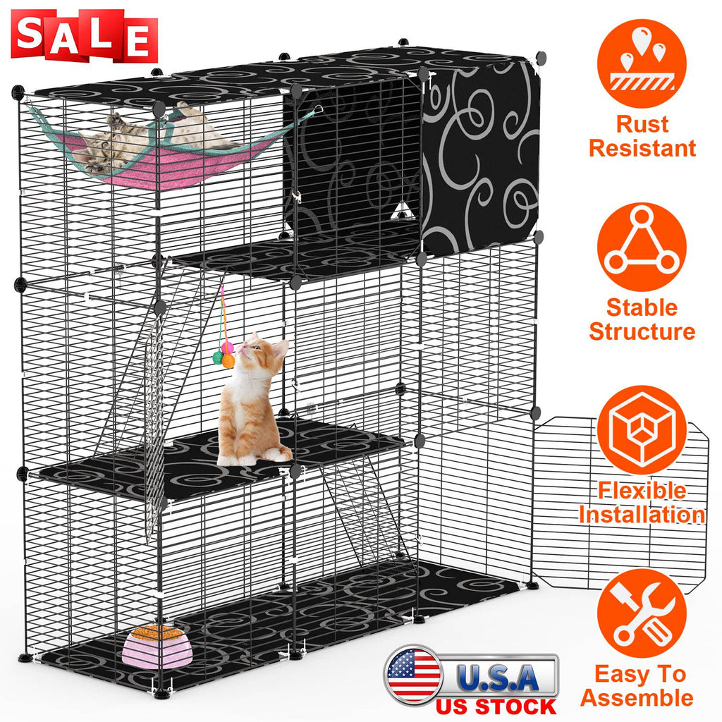 3-Tier Cat Cage Enclosure Indoor Cat Cage Playpen With Hammock Toy Ball Ladder DIY Iron Wire Cat House Kennels Crate For 1-2 Cats Ferret Rabbit Small
