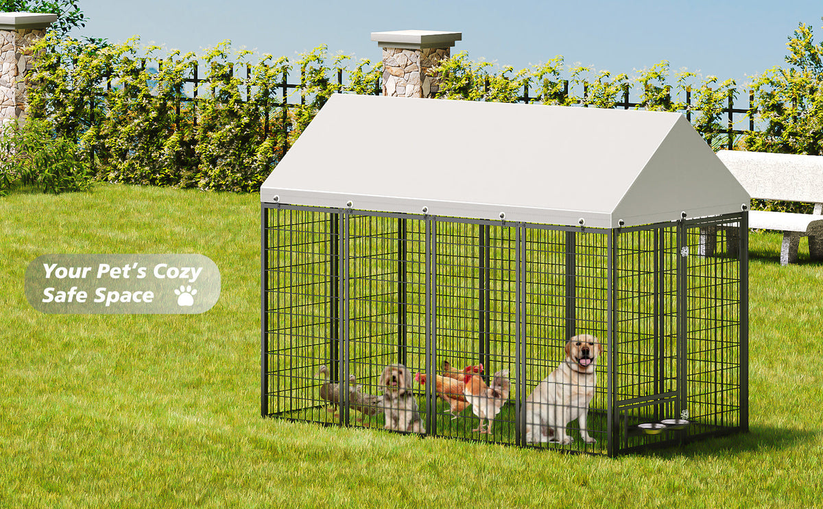 Large Dog Kennel Outdoor Pet Pen with Roof Cover - Iron