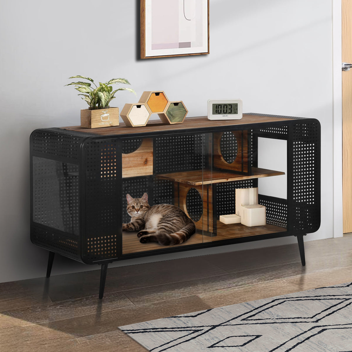 Modern Spacious Cat House with Fir Wood and Iron Frame - Black & Brown