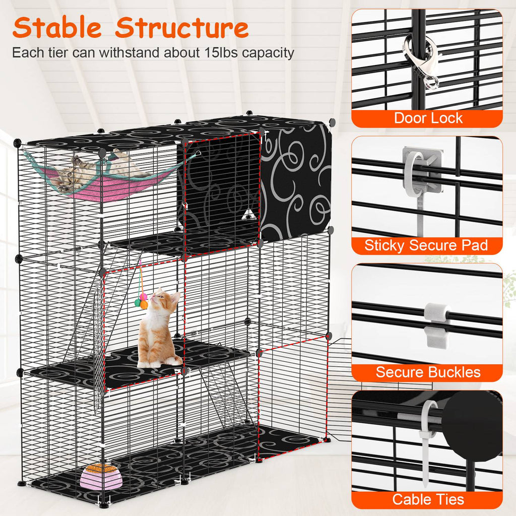 3-Tier Cat Cage Enclosure Indoor Cat Cage Playpen With Hammock Toy Ball Ladder DIY Iron Wire Cat House Kennels Crate For 1-2 Cats Ferret Rabbit Small