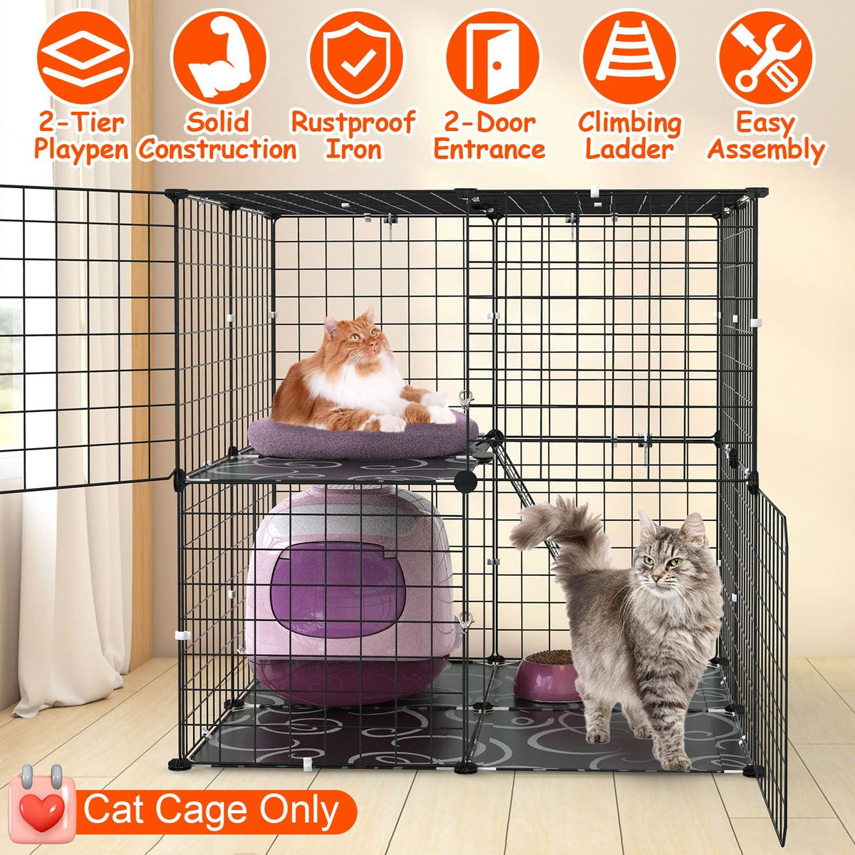 2Tier Cat Cage Playpen Indoor Pet Enclosures Kitten Kennel House Detachable Cat Crate with Climbing Ladder 2 Doors for 1-2 Cats for Ferret Squirrel Sm