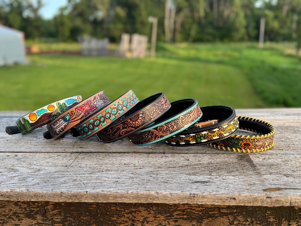 Western Genuine Leather dog collar or leash tooled details of sunflower daisy cactus floral turquoise feather by Double B Wild Rags